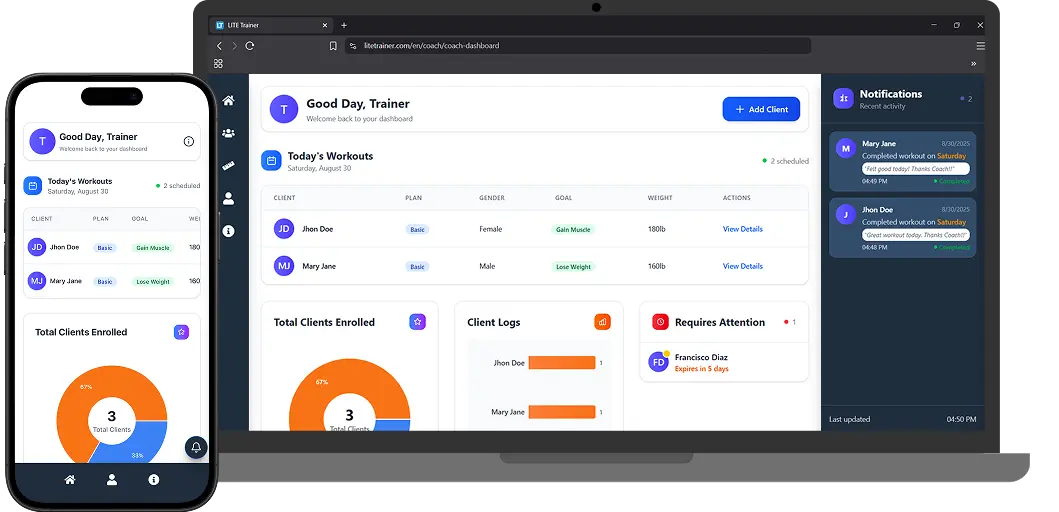 Image: LITE Trainer app dashboard showing weekly workout and nutrition plan